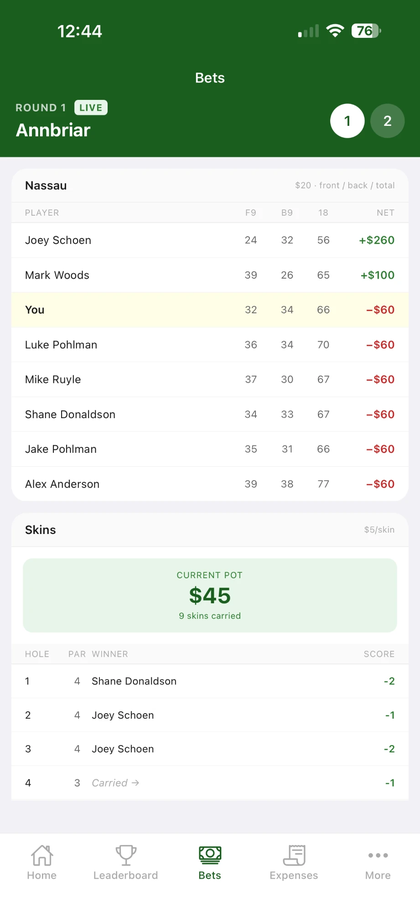 Nassau and skins bet tracking